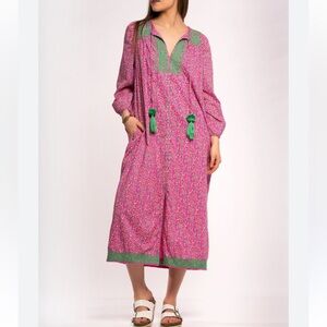 J Crew MEDIUM Tunic Midi Dress Pink Long Sleeve Embroidered Boho Tassels